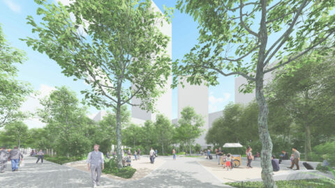 Vue du futur aménagement avec l'esplanade et les bosquets végétalisés